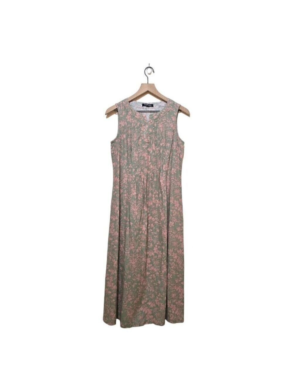 Chadwicks of Boston Green Floral Linen Blend Pleated Sleeveless Midi Dress Sz S